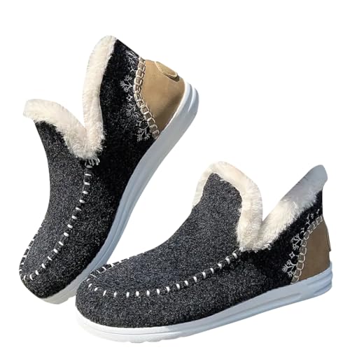 Cydmoty Women's Winter Plush-Lined Slip-On Shoes - Warm, Thermal Flat Shoes with Round Toe for Outdoor Walking