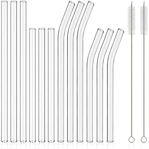 [12 Pcs] Reusable Glass Straws Shatter Resistant - 11" x 8mm and 9" x 8mm Each Including 3 Straight and 3 Bent with 2 Cleaning Brush Perfect for 30 oz and 20 oz Tumblers Juice Coffee Cocktail Tea Cover