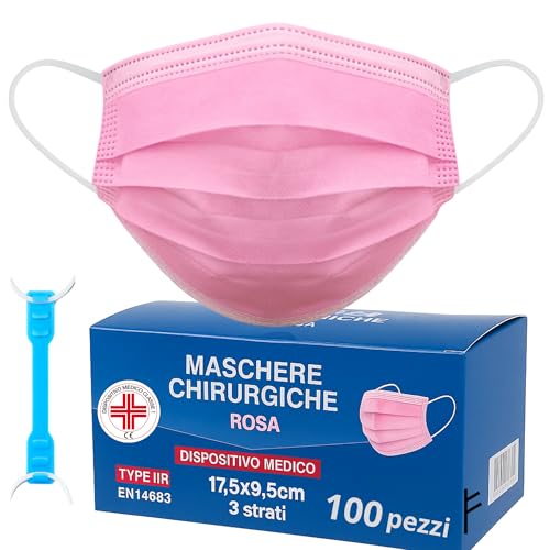 S&SMedical 100 Mascherine chirurgiche rosa 3 veli certificate CE | Dispositivo Medico di tipo 2r | Resistente agli spruzzi 99,9% di protezione Gancio salve orecchie (100)