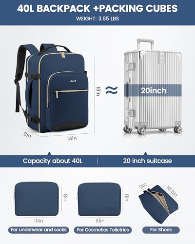 Image of LOVEVOOK 40L Travel Backpack Flight Approved Carry on Backpack,3 Packing Cubes,Waterproof Personal Item Travel Bag,TSA Carry on Luggage Suitcase Travel Essentials,Gifts for Women & Men,fits 17 inch Laptop