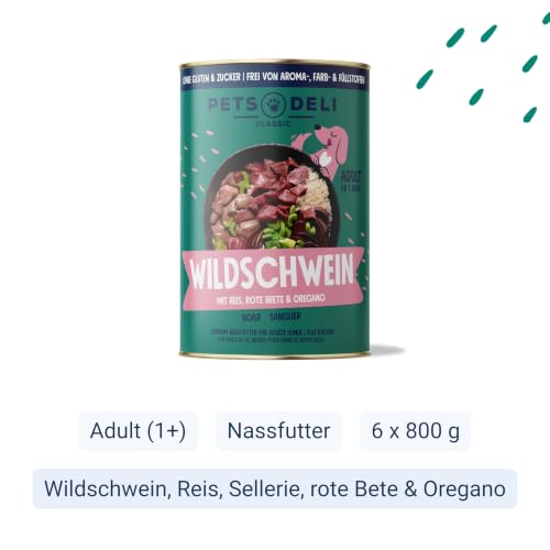 Pets Deli Classic Nassfutter für Hunde mit Wildschwein & Reis, 6x800g