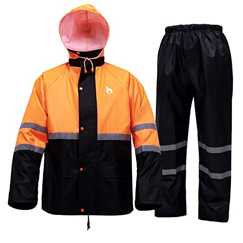 HAOKAISEN Rain Suits for Men, High Visibility Reflective Safety Jacket, Lightweight Waterproof Rain Gear(Orange XX-Large)