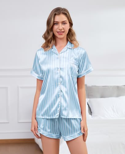 Satin Pajama Set Striped Silk PJ Set Drawstring Ruffled Satin Shorts - 2 Piece Silky Pajamas4