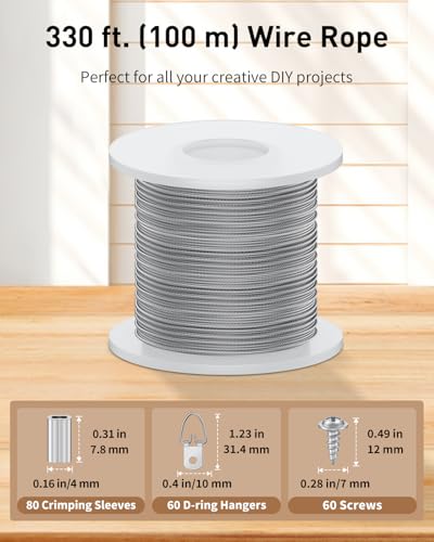 Image of Uniclife Picture Hanging Wire, 330 Feet 1 /32 inch Picture Wire Kit with D-Ring Hangers, Stainless Steel Wire Rope for up to 110 lbs, Trellis Wire Cable for Pictures Photo Frames and String Lights
