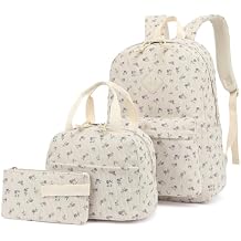 Corduroy Girls Backpack Set, 3PCS School Backpacks for Kids Elementary Middle School Bags with Lunch Box Pencil Case Beige Corduroy Floral Purple