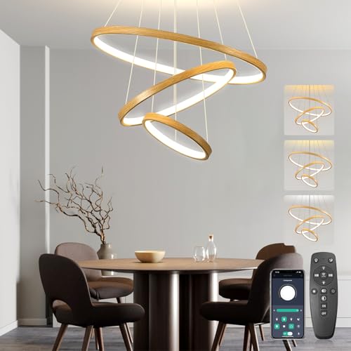 Lámpara colgante LED regulable de 45W con 3 anillos de madera para comedor 2