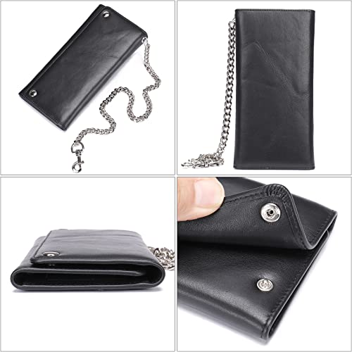 NIUCUNZH Mens Genuine Leather Chain Wallet: Biker Trucker Long Trifold wallet Heavy Duty Black2