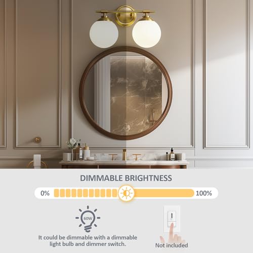 Image of Rayogale Bathroom Light Fixtures, 2-Light Gold Vanity Lights Over Mirror with White Glass Shade, 15 Inch Bathroom Wall Sconces for Bedroom Living Room (Bulbs Not Included)