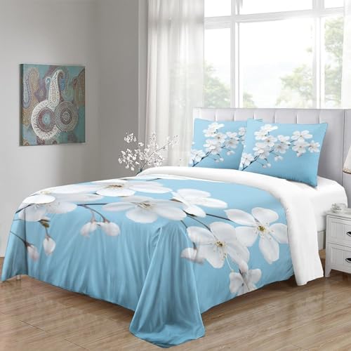 Housse de couette imprimée 3D fleurs blanches IOFEER parure de lit double polycoton - 5