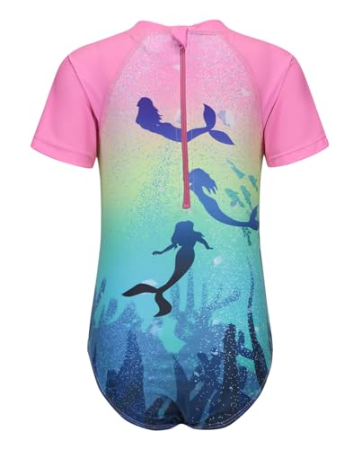 Image of Girls One Piece Rash Guard Swimsuits for Kids Girls Short Sleeve Bathing Suits with Front Zipper Swimwear 3-16 Years