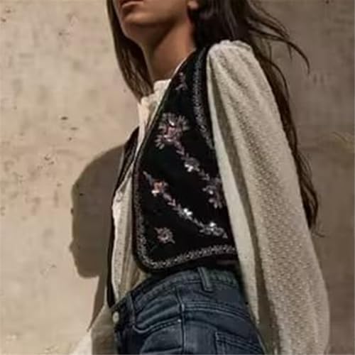 Image of Women Vintage Floral Embroidered Vest Y2K Sleeveless Open Front Cardigan Boho Linen Cropped Waistcoat