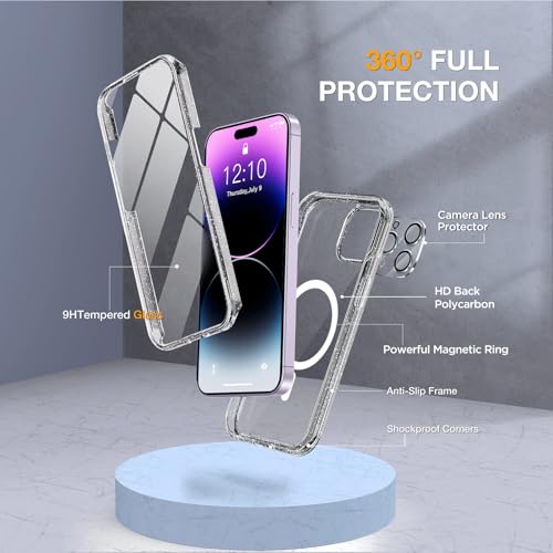 Image of Miracase Magnetic for iPhone 14 Pro Case 6.1 inch, (Compatible with MagSafe) Upgrade Full-Body Clear Phone Bumper Case with Built-in 9H Tempered Glass Screen Protector, Magnetic Glitter Clear