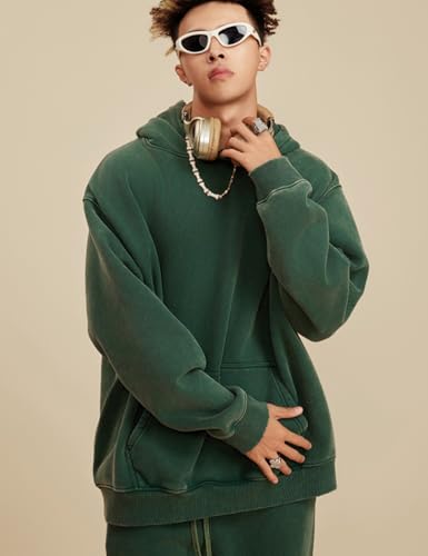 Arssm Mens Oversized Hoodie Acid Wash Pullover Vintage Cotton Heavyweight Sweatshirt Fleece Hoodie Men Streetwear(Green-M)3