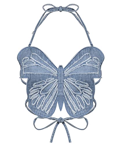 Raboolion Women's Y2k Denim Butterfly Crop Tank Top Sexy Halter Jean Tube Vest Backless Lace Up Cami Camisole Rave Outfit4