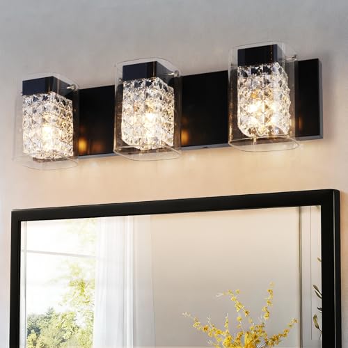 Image of Modern Crystal Bathroom Light Fixtures, 3-Light Black Vanity Lights with Clear Shades, Bathroom Lighting Fixtures Over Mirror Wall Light for Living Room, Decoration,Bedroom(Exclude Bulb)