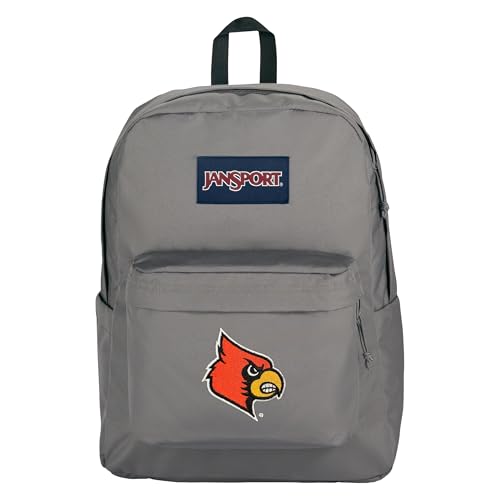 Image of JanSport NCAA Officially Licensed Backpack, Louisville Cards, Superbreak Plus with Padded 15'' Laptop Sleeve, Spacious Computer Bag for Men & Women, Durable Daypack with Bottle Pocket, Graphite Grey