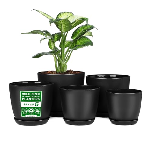 Plant Pots with Multi Drainage Holes – 5 Pieces Versatile, Sturdy Plastic, Stackable Design Home Decor Flower Pots for Indoor and Outdoor Gardening – Black