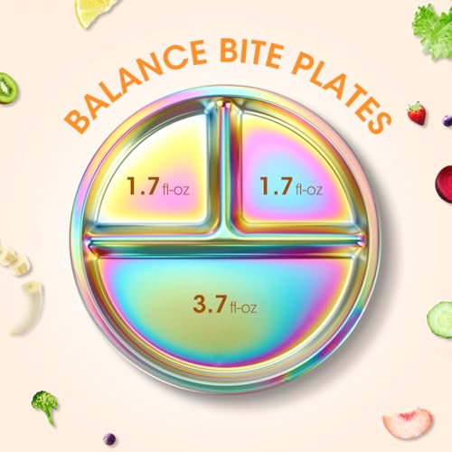 AIEVE Stainless Steel Kids Plates, 4 Pack Round Divided Toddler Plates, Portion Control Plate 9 Inch