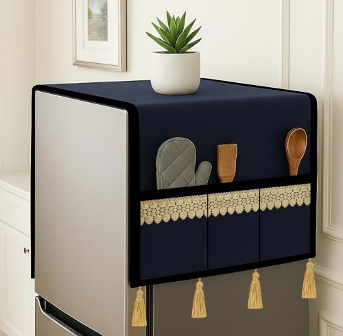 Image of Refrigerator Single Door Waterproof, Dustproof, Tassel Lace Refrigerator Top Cover, Protective Cover for Fridges with Extra Storage Space Nylon Top cover with 6 Storage Pockets (Navy Blue,130 x 54 cm)