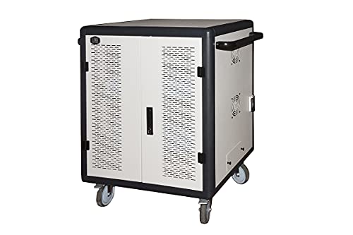 LINK Armario con 40 tabletas con Ruedas, multienchufes, Ventiladores de refrigeración y Puerta de Acero Perforado, Color Gris y Negro