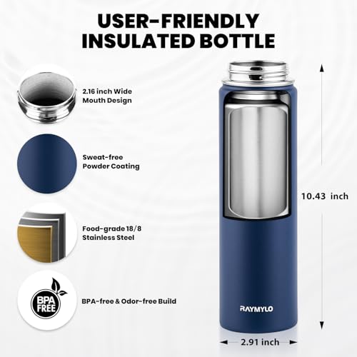Image of RAYMYLO Insulated Water Bottle 24 oz, Triple Wall Vacuum Stainless Steel (Cold for 24Hrs, Hot for 12Hrs), Leak Proof & Non-BPA, Modern Water Flask Jug with Paracord Handle & Straw Spout Lids