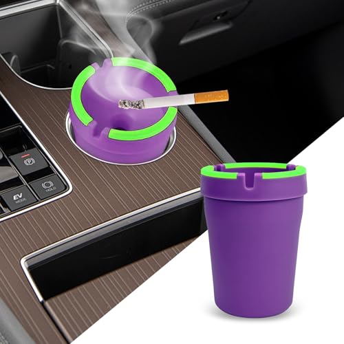 Image of Glow in The Dark Ashtray, Car Ashtray, Cigarette Self-Extinguishing Car Cup Holder Ashtrays with Lid, Universal Portable Mini Vehicle Cigarette Trash Can Auto Accessories for Cars (Purple)