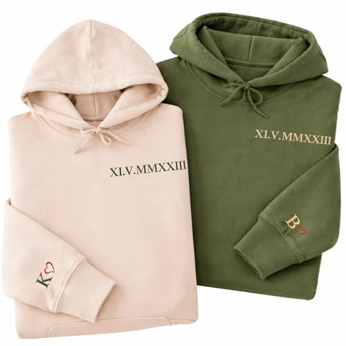 PuffinCraft Custom Embroidered Roman Numeral Couple Hoodie Sweatshirt Personalized Date & Heart Matching Sweater Valentines Day Gifts