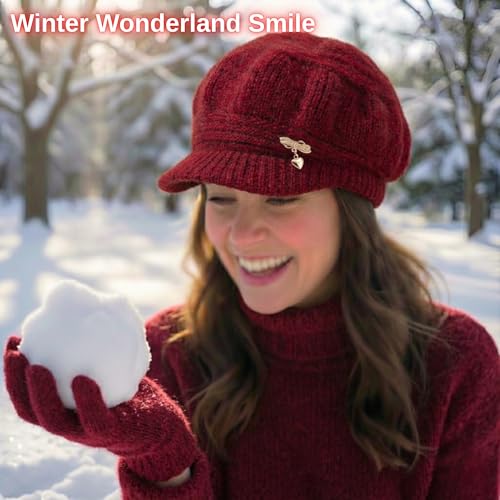 Image of Kraptick Women's Winter Knit Visor Beanie Hat with Soft Fleece Lining, Stylish Woollen Slouchy Warm Cap for Ladies, Snow Sun Shield Knit Cap for Winter -2