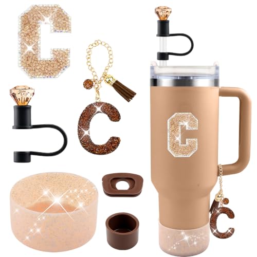 Hpebl 6PCS Brown for Stanley Cup Accessories Set 30/40 OZ Bling Rhinestone Initials Charms for Stanley Decorations Tumbler Accessories Including Diamond Straw Topper, Spill Stopper(Letter A) - image 1