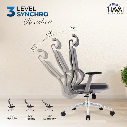 Image of HAVAI Neo High Back Ergonomic Mesh Office Chair | Multi-Lock Mechanism | Chrome Base | 3D Armrests with PU Pads | Adjustable Headrest | Breathable Mesh Back (Grey)