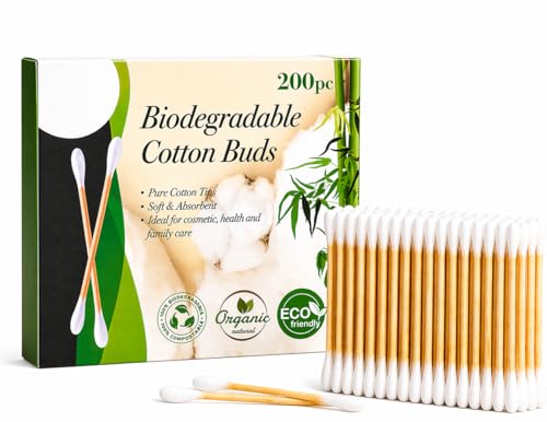 Bamboo Cotton Buds (200 Pack) Biodegradable Plastic-Free & Eco Friendly Fully Recyclable Cotton Buds for Beauty Hygiene & Family Use