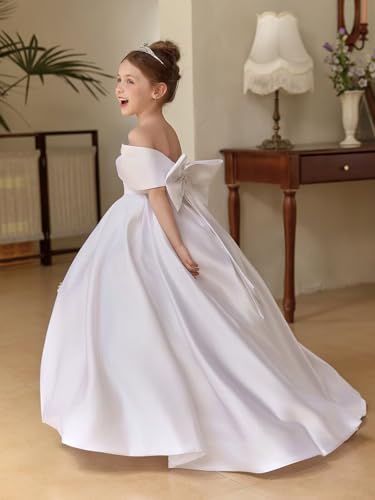 JISISANG Off Shoulder Flower Girl Satin Dresses for Wedding Girls Princess Pageant First Communion Formal Dresses2