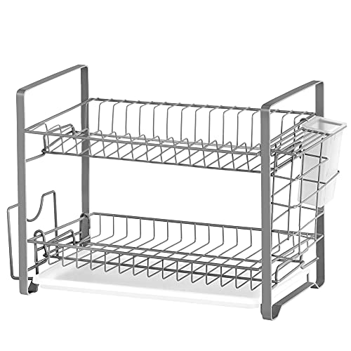 SONGMICS Égouttoir, Support à Vaisselle à 2 Niveaux, Étagère de Rangement de Cuisine, avec Plateau, Porte-Couteaux et Planche à Découper, Cadre en Acier, Gain de Place, Argent KCS018E01