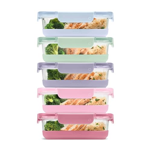 Image of Ello Duraglass Refresh 3.4 Cup Meal Prep Sets 10Pc, 5 Pack Set- Glass Food Storage Container with Silicone Boot and Airtight BPA-Free Plastic Lids, Dishwasher, Microwave and Freezer Safe,Dusk Delight