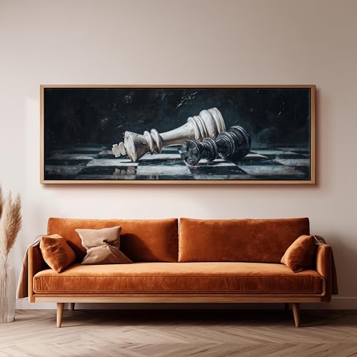 Toile panoramique encadrée grand format d'échecs pour décoration salon horizontale