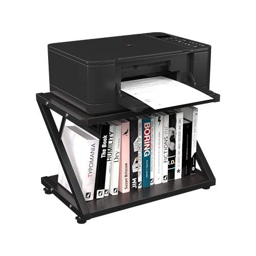 Desktop Printer Stand with 2 Tiers Wood Desk Organizer, Home Desktop Printer Shelf with Anti-Skid Pads for Fax Scanner Office, Home Printer Stand Desk with Metal Frame & Wood, Black
