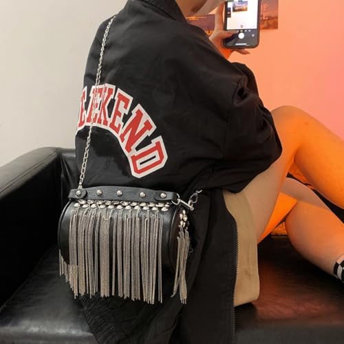 Y2K Purse Bling Cylinder Crossbody Bag with Tassel Purse, Sparkling PU Leather Rivets Handbag Y2K Cool Street Style Chain Handbag3