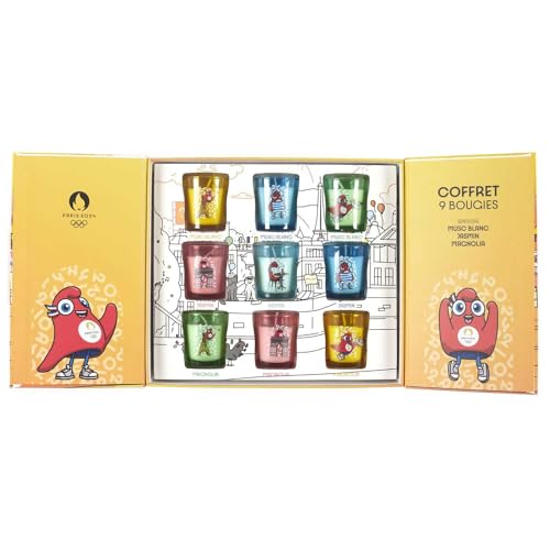 PARIS 2024, CJO6106, juego de 9 velas perfumadas para mascotas en caja de cartón, producto oficial bajo licencia, fragancias: almizcle blanco, jazmín y magnolia, tiempo de combustión: 5 h