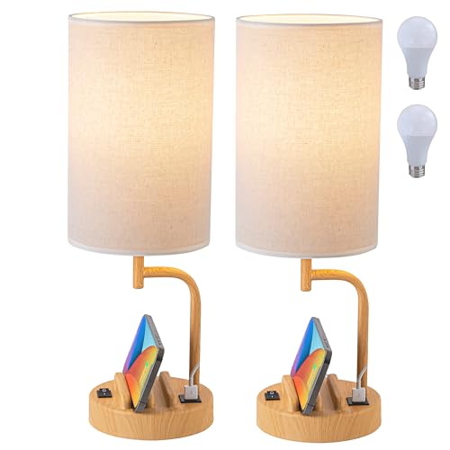 Dreamholder Table Lamp, Bedside Lamp with USB C&A Charging Ports, LED Desk Lamp with 3-Color Modes with Phone Stands, for Bedroom, Living Room, Office, Wood Grain(Set of 2, Bulb Included)