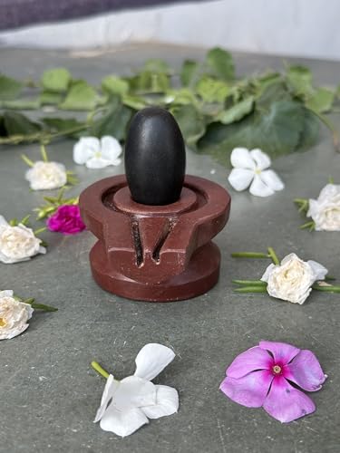 Image of Shivam VASTU AKAL 1.5 inch Original Narmadeshwar Narmada Shivling with 3 inch Narmada Stone Yoni Base Jaladhari (Black Shivling, Brown Damru Jaladhari)