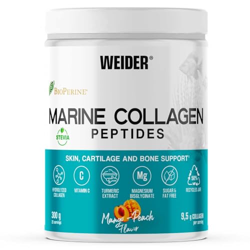 Weider Marine Collagen (300g) Sabor Mango-Melocotón, 9,5g/porción Colágeno Hidrolizado de Pescado, con Vitamina C, Magnesio, Extractos Cúrcuma, Pimienta Negra Bioperine, para Piel, Cartílagos y Huesos