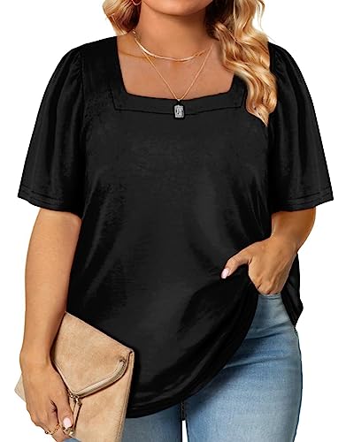 Eytino Plus Size Tops for Women Square Neck Puff Sleeve Summer Casual Loose Blouse Shirts(1X-5X)