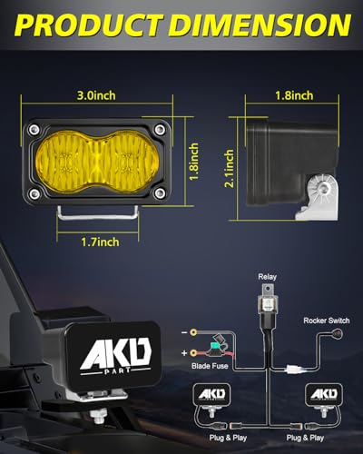 Image of 3 inch 40W Yellow Flood LED Pods with Wiring Harness & Black Covers | High Intensity CREE LEDs Yellow Fog Lights Small Chase Lights 2 Packs for Trucks Motorcycle SUV UTV ATV Dirt Bike