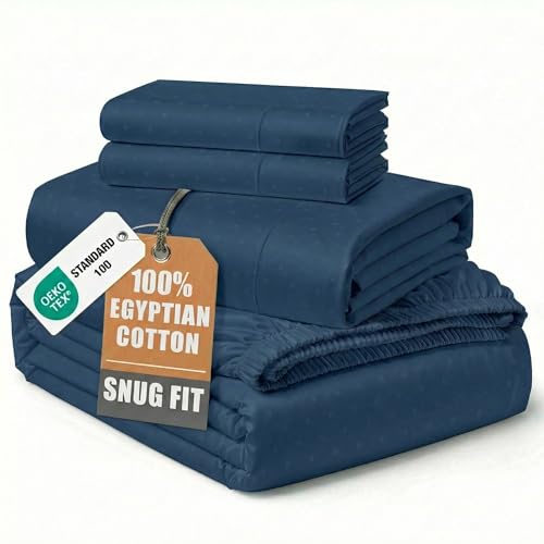 Image of LANE LINEN 100% Cotton King Size Sheets 100% Egyptian Cotton Sateen - Navy | King Sheet Set Cooling - 4-Piece Set, For A Luxurious Night's Sleep, For A Silky Hotel-Style Bed, Luxe Sheen, Plush