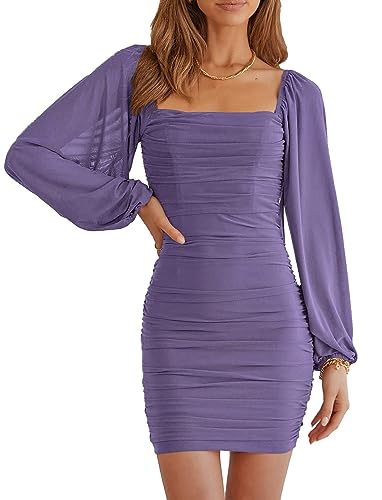 Image of MASCOMODA Women Elegant Square Neck Lantern Long Sleeve Mini Ruched Bodycon Dress Stretch Mesh Slim Party Cocktail Dresses