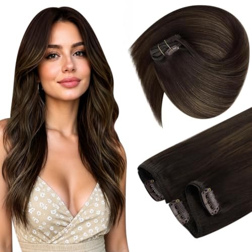 Image of Sunny Hair Clip in Hair Extensions Real Human Hair Brown Balayage | 12 Inch Clip in Hair Extensions Dark Brown Balayage Short Hair, Blended Ends and Natural Movement with Soft Hair 85g