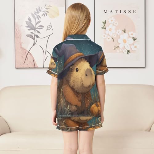 Satin Pajama Sets Short Sleeve Magical Beaver Wearing Witch Hat Button Down Silky Nightwear 2 Piece PJS 5-14Y4
