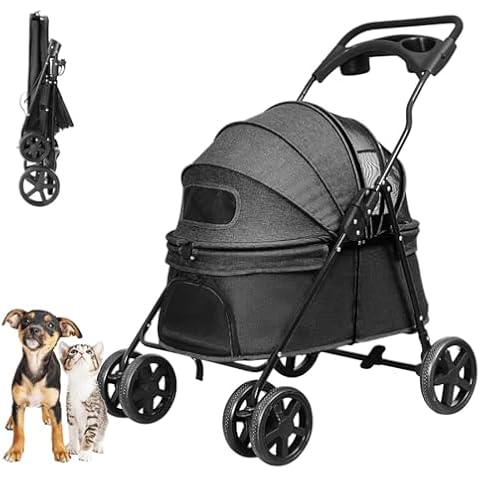 LPOTIUS Pet Stroller for Small Dogs with Zipperless Entry, 4 Wheel Dog Stroller with Cup Holder Foldable Dog Cat Cage Jogger Stroller Portable Travel Strolling Cart Cover