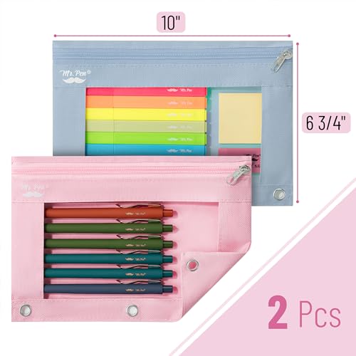 Image of Mr. Pen- Pencil Pouch for 3 Ring Binder, 2 Pack, 10 inchx6.75 inch, Smooth Zipper | Clear Window, Large Capacity Pencil Case with 3 Reinforced Grommets for School, Office, Supplies Storage | Clear Window, Large Capacity Pencil Case with 3 Reinforced Grommets for School, Office, Supplies Storage