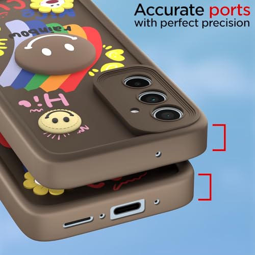 Image of Pikkme Back Cover for Samsung Galaxy A35 5G | Soft Silicone| Cute Rainbow Smile & 3D Cartoon Flower Design | Shockproof Raised Camera Protection Bumper Case (Brown)